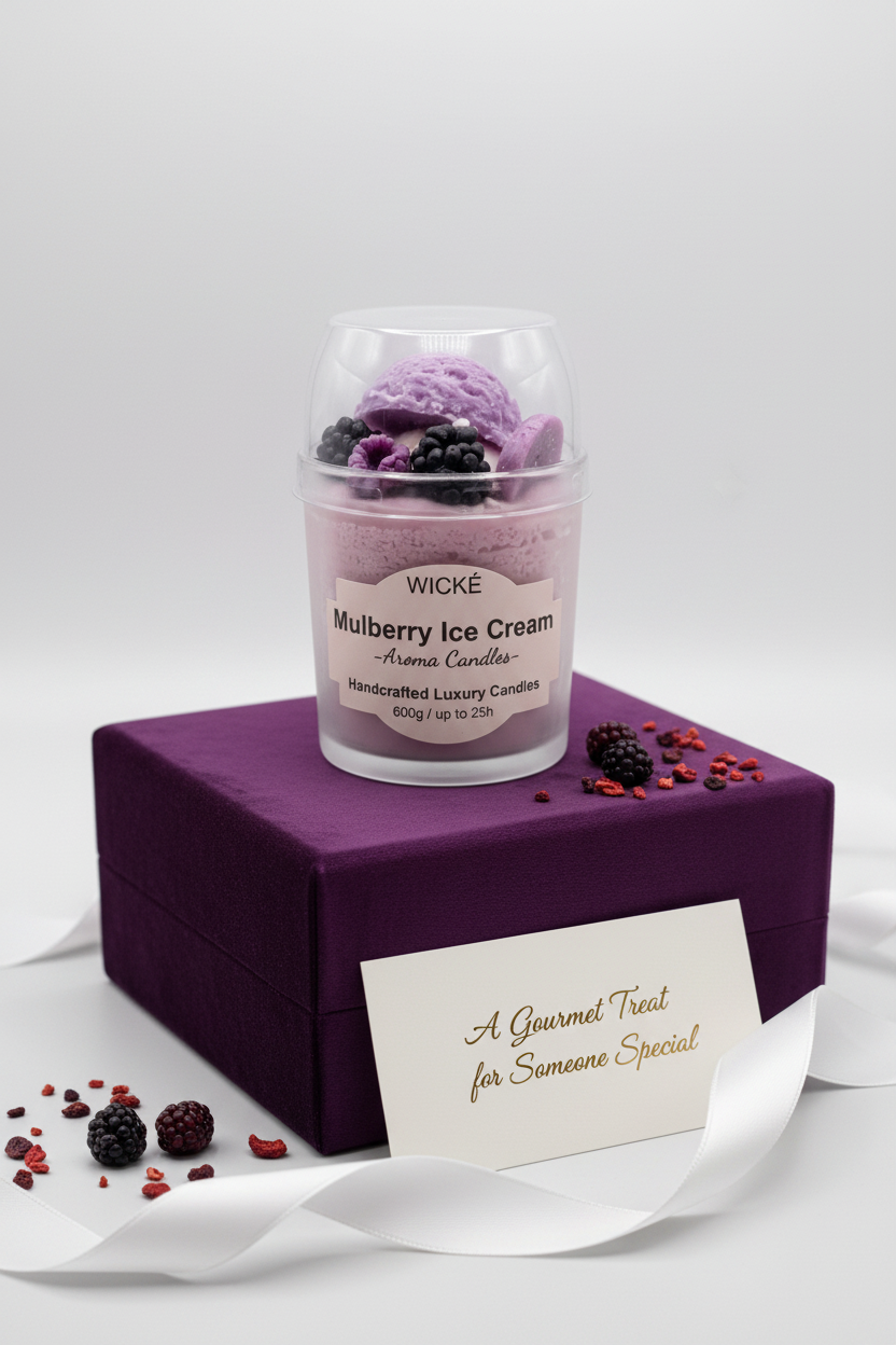 A WICKÉ Mulberry Ice Cream aroma candle in a clear plastic tub with a clear domed lid, decorated with purple ice cream scoops and blackberries, on a white background.