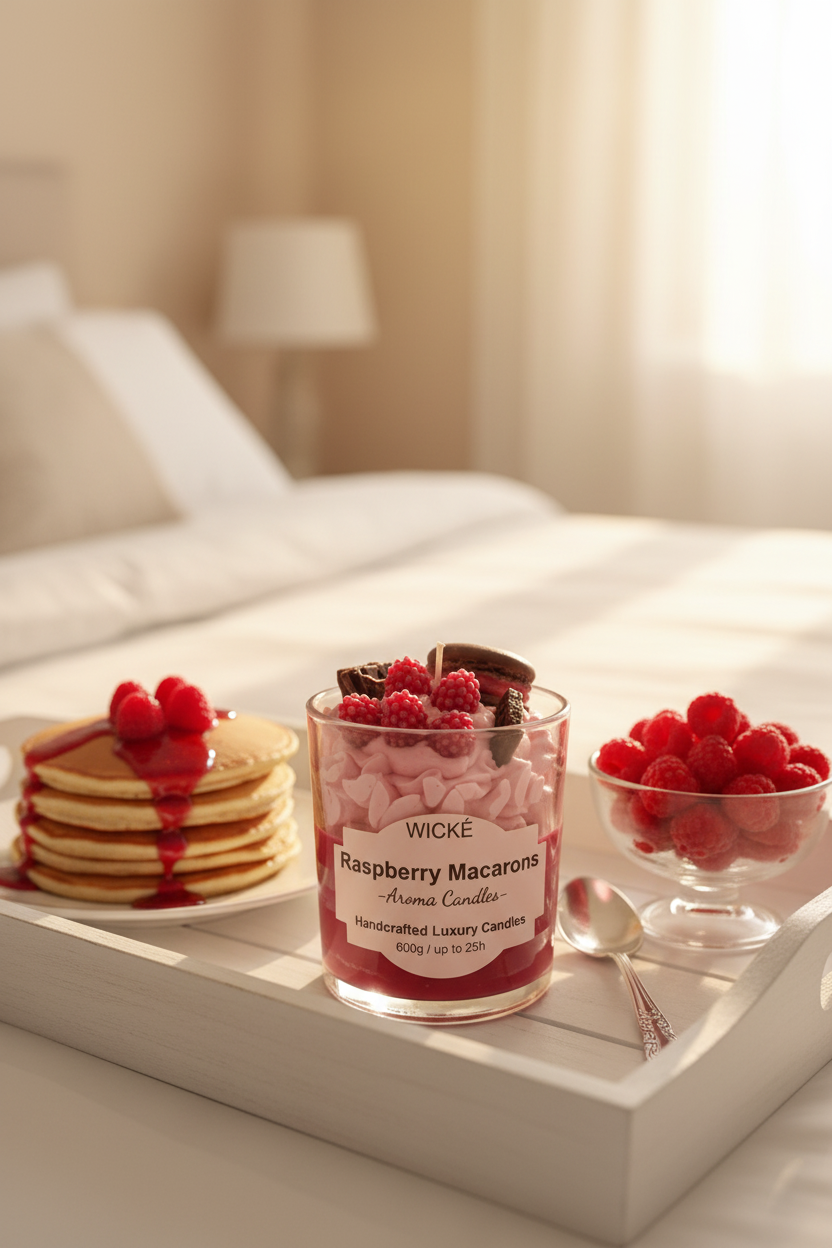 A Raspberry Macrons scented candle by WICKÉ in a clear glass jar, decorated with pink whipped wax, dark red raspberries, and chocolate cookie pieces on top, set against a plain white background.