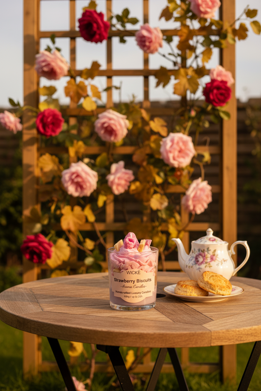 A WICKÉ Strawberry Biscuits aroma candle in a clear glass jar, filled with pink wax and topped with miniature pink and beige biscuits, on a white background.