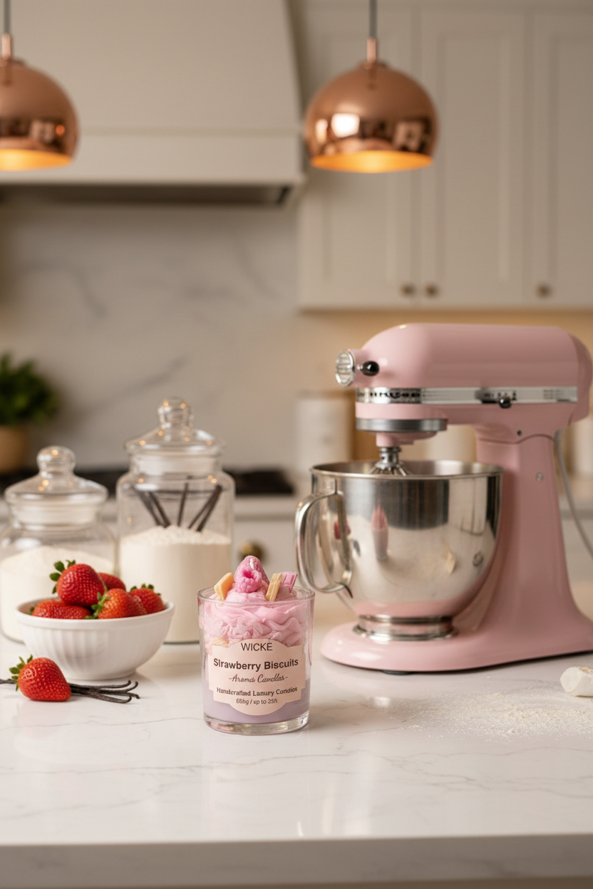 A WICKÉ Strawberry Biscuits aroma candle in a clear glass jar, filled with pink wax and topped with miniature pink and beige biscuits, on a white background.