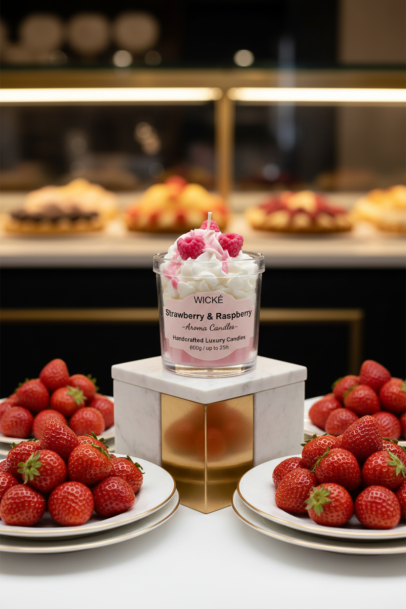 A WICKÉ Strawberry & Raspberry aroma candle in a clear glass jar with a white and pink label, topped with white wax swirls and two pink raspberry decorations under a clear dome lid, on a white background.