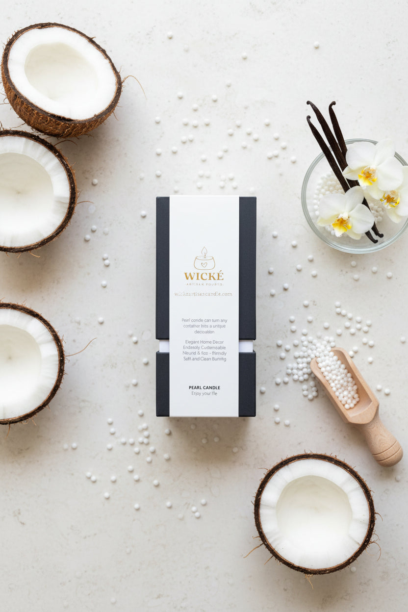 A premium overhead flat-lay photograph of a single WICKÉ Coconut Vanilla Pearl Wax box. The packaging is surrounded by natural, textured elements: polished halves of fresh coconuts, loose white pearl wax scattered elegantly, a glass bowl with real vanilla bean pods and orchid blossoms, and a scoop made of natural wood. The setting is a soft, light limestone countertop, lit with diffused, bright morning light, evoking a clean, high-end tropical spa sanctuary.