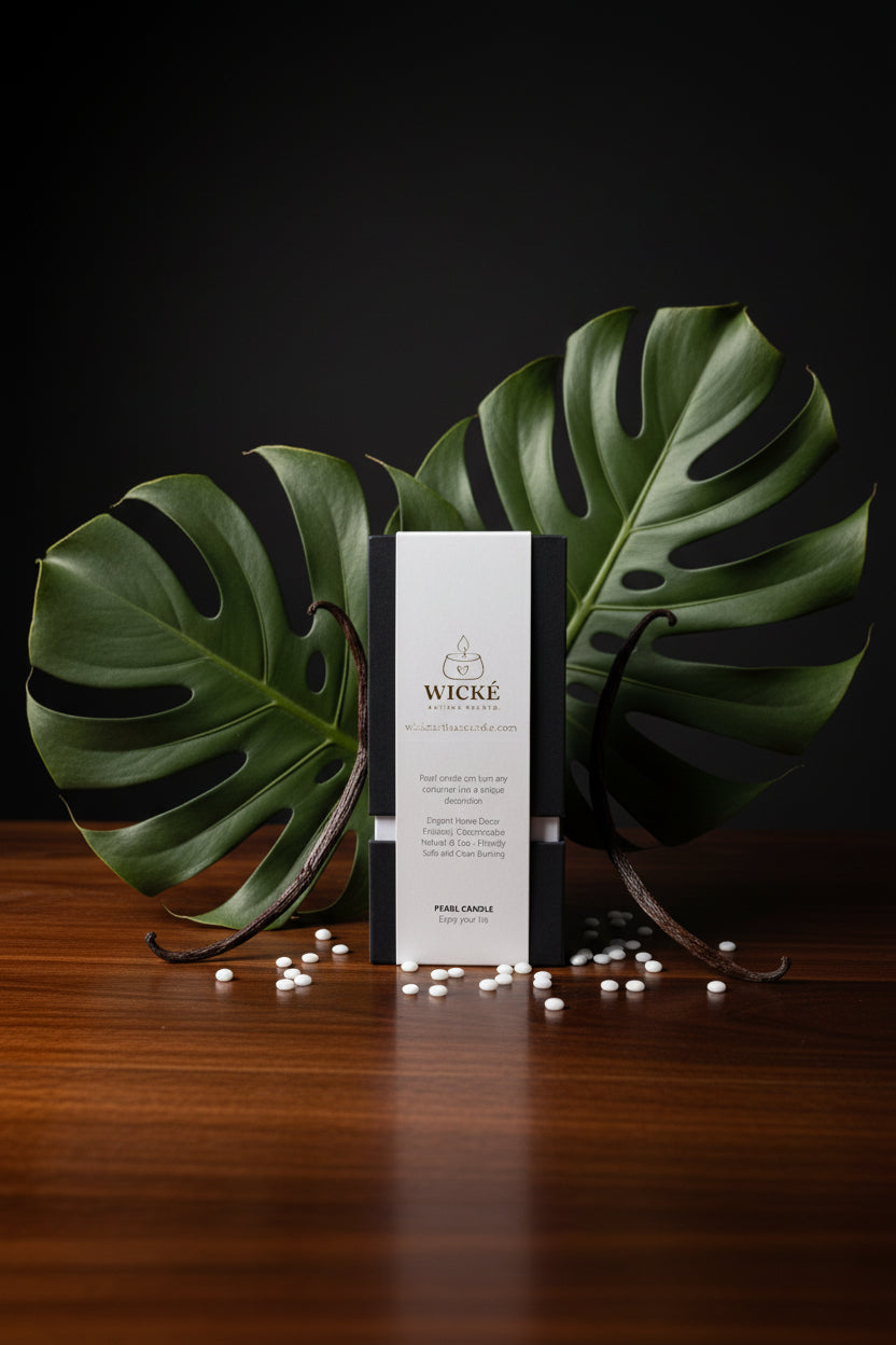 A dramatic, high-fashion studio still-life photograph with a focus on depth and texture. A single WICKÉ Coconut Vanilla Pearl Wax box is the central subject, positioned on a dark, polished teak wood surface. Emerging from behind and around the box are sculptural arrangements of large, split monstera leaves, dried vanilla beans arching gracefully, and a scatter of white wax pearls. The background is a dark, moody charcoal color, with selective, precise lighting highlighting the product’s premium finish.