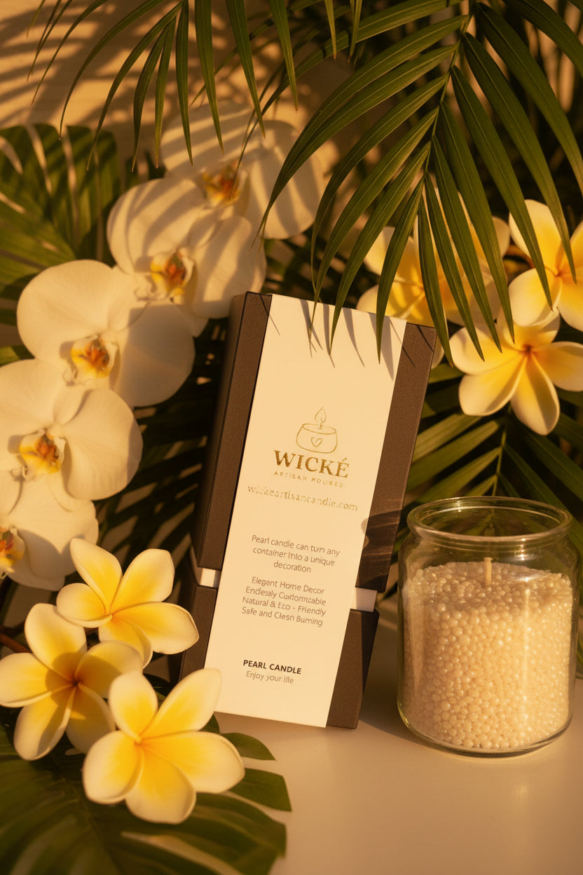 An enchanting close-up image of the WICKÉ Coconut Vanilla box angled slightly, surrounded by lush, blooming tropical flora—creamy white orchids, soft frangipani blossoms, and hints of green palm fronds. The scene is bathed in intense, warm, golden hour sunlight, making the pearl wax inside a nearby clear container glow. The lighting creates soft, romantic shadows and a powerful desire for a cozy, fragrant evening.