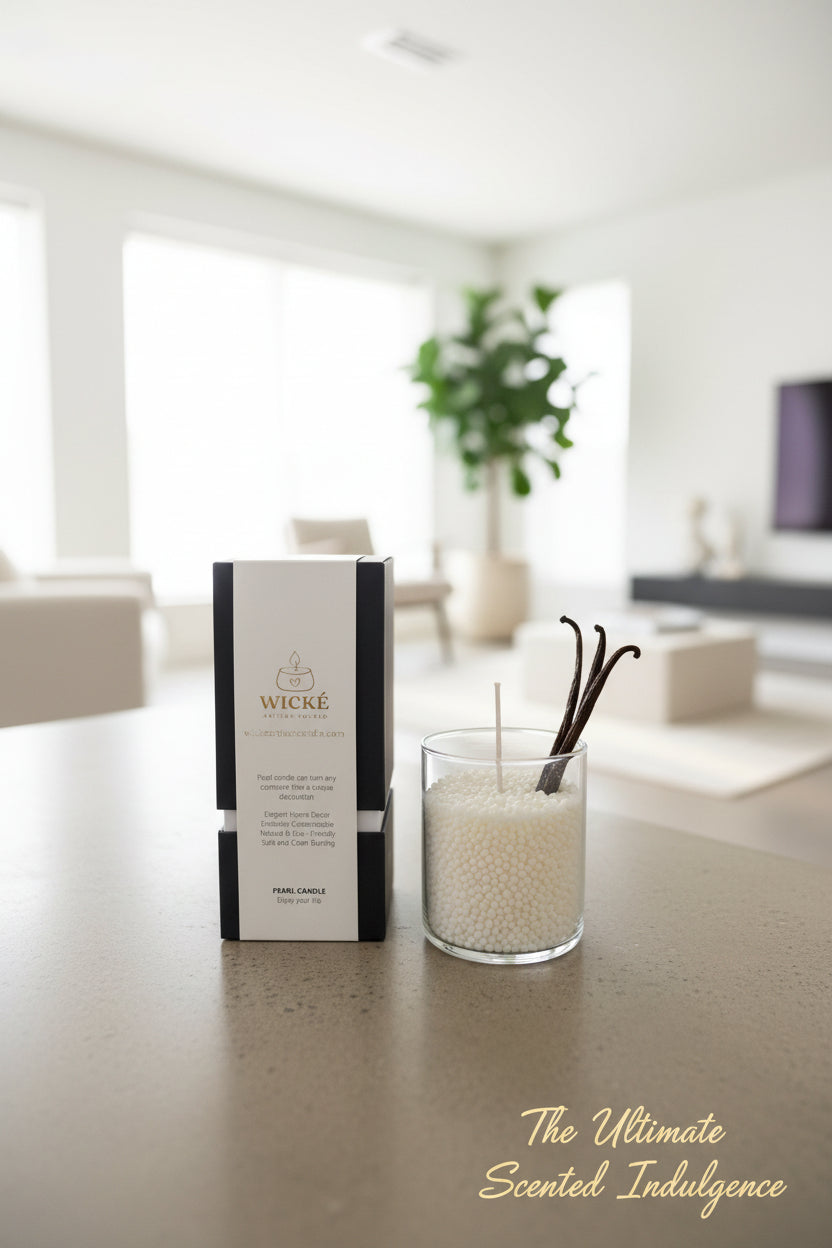 A sophisticated lifestyle shot focusing on one WICKÉ Coconut Vanilla box, resting on a polished natural concrete table. Next to it, a clear glass vessel is partially filled with the white wax pearls, a new wick inserted, with a few dry vanilla pods artistically leaning against the glass. The background is a clean, sun-drenched, airy modern minimalist living space. Text in a soft, elegant gold script in the bottom corner reads, "The Ultimate Scented Indulgence."