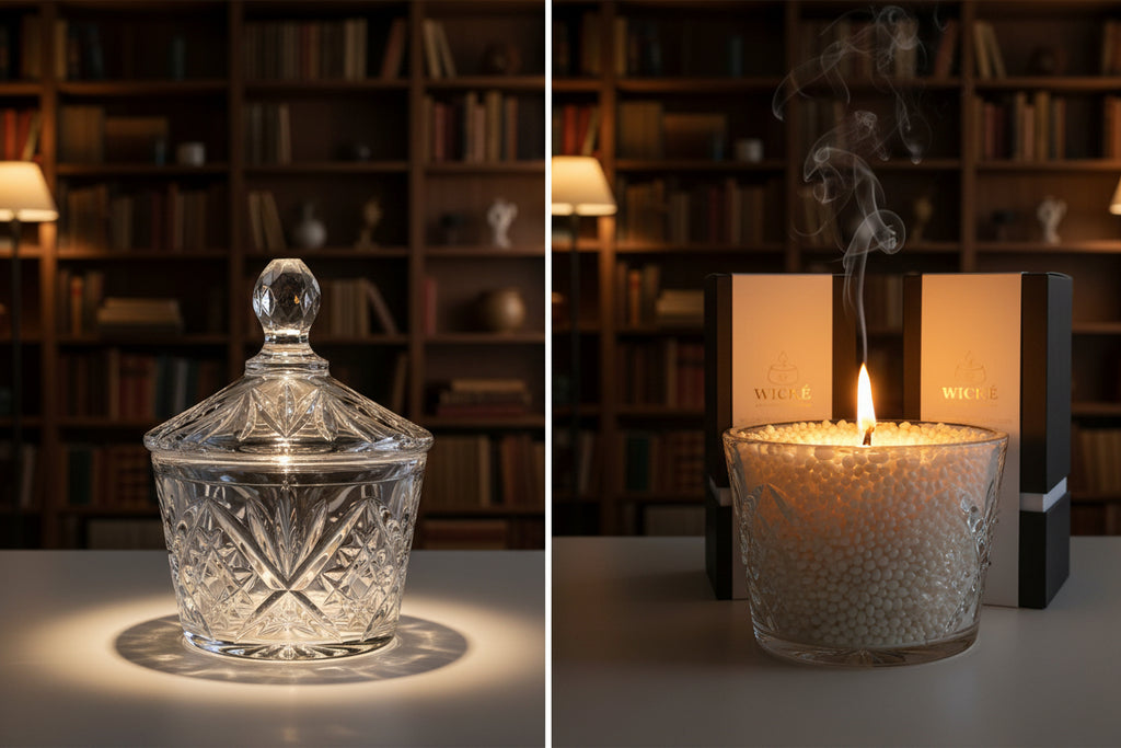 A compelling "before and after" composition showcasing the sustainability aspect. On the left, a well-lit, empty vintage cut-crystal candy dish. On the right, the same dish, now transformed into a bespoke candle, filled with glowing WICKÉ Coconut Vanilla pearl wax and a burning wick. The packaging box is centered slightly behind the burning candle. The setting is a cozy, elegant library, emphasizing sustainable luxury and creative decor freedom.