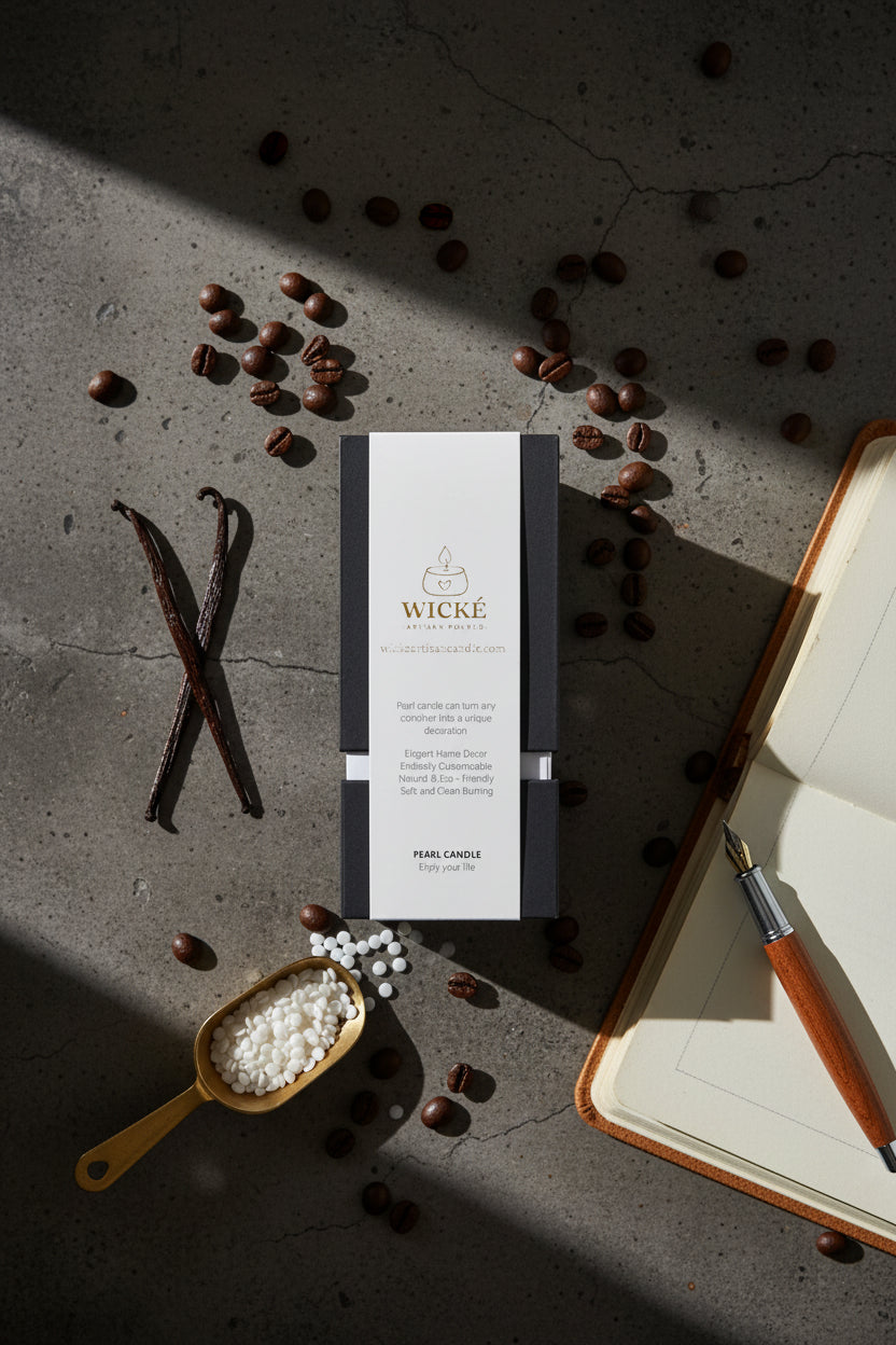 An overhead flat lay photograph of the WICKÉ Coffee Pearl Wax packaging, styled as a premium café centerpiece. The box is surrounded by scattered raw coffee beans, two perfectly swirled vanilla beans, a small metal scoop holding white wax pearls, and an open leather-bound journal. The scene is set on a distressed dark concrete surface, conveying an artisanal and intellectually stimulating atmosphere, making the candle an essential part of a creative space.