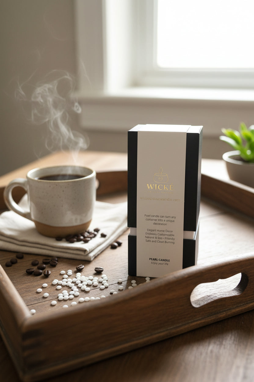 A compelling product photograph of the WICKÉ Coffee Pearl Wax box resting on a vintage wooden breakfast tray. Behind it, a steaming, artisanal ceramic mug of dark coffee sits on a linen napkin. Scattered across the tray are loose, glossy whole coffee beans and pristine white wax pearls. Soft morning sunlight streams from a window, creating a warm, cozy atmosphere that promises a perfectly energized start to the day.