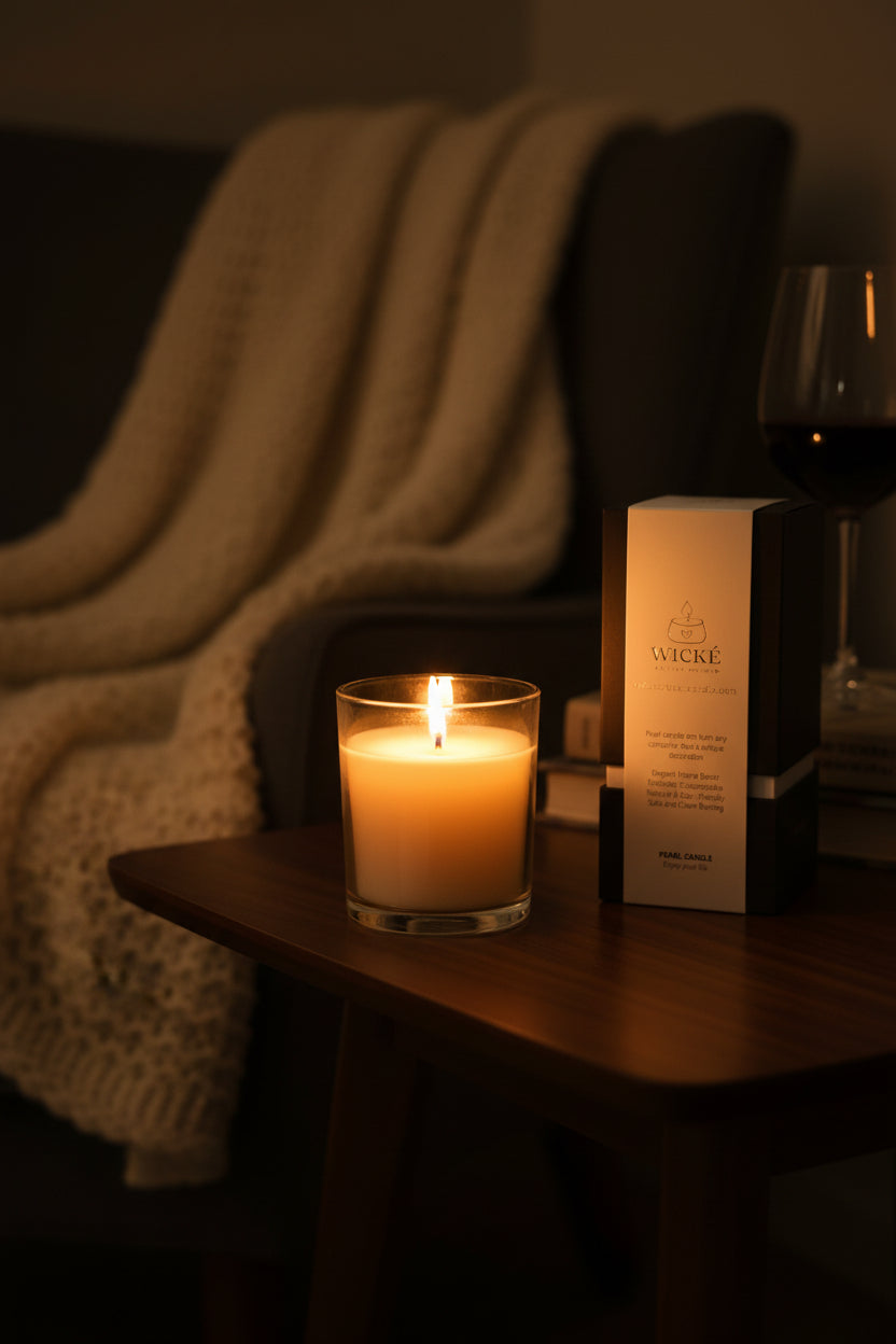An intimate, moody lifestyle shot taken at night. The WICKÉ Coffee Pearl Wax candle, in a simple glass vessel, burns softly on a rich, dark walnut side table. In the background, out of focus, is a chunky knit blanket, a stack of books, and the bottom half of a full glass of red wine, all illuminated primarily by the candle’s golden flame. The box sits nearby, its gold foil catching the light, telling a story of curated comfort and sophisticated relaxation.