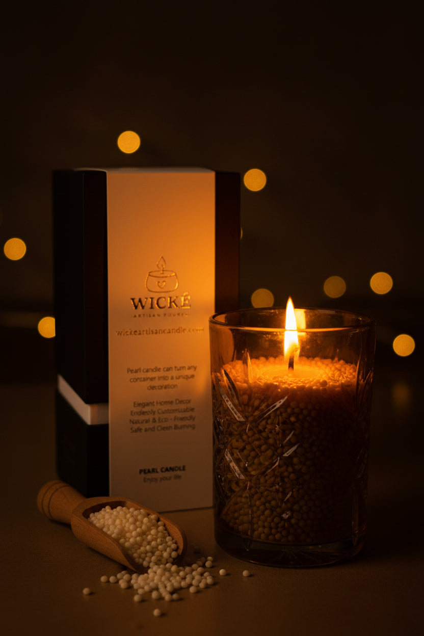 A dramatic, high-quality photograph showcasing a repurposed, high-end spirit bottle (like a unique whiskey or coffee liqueur glass) transformed into a bespoke candle using the WICKÉ Coffee Pearl Wax. The flame is burning brightly, and a scoop of the unused white wax pearls rests next to it, with the product box centered slightly behind. The entire scene is bathed in a warm, inviting glow, emphasizing customization and eco-friendly elegance