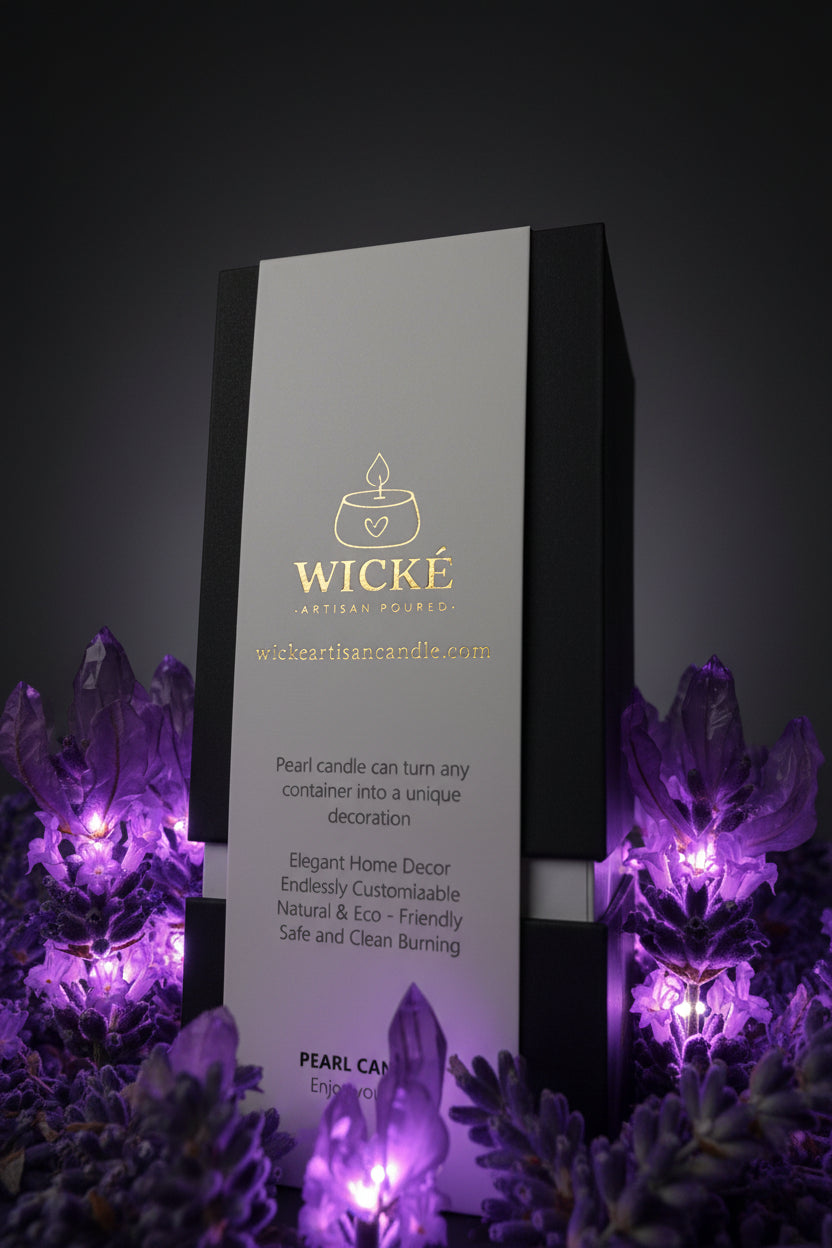 A dramatic, macro-style close-up portrait of the WICKÉ Lavender box. The camera angle is low, looking up at the packaging. Towering around the box are oversized, photorealistic representations of lavender florets, appearing almost crystalline and glowing with inner light. The background is a moody charcoal gradient with selective, precise spotlighting that highlights the embossed gold foil on the box and the intricate details of the lavender blooms. It is powerful, dramatic, and unforgettable.