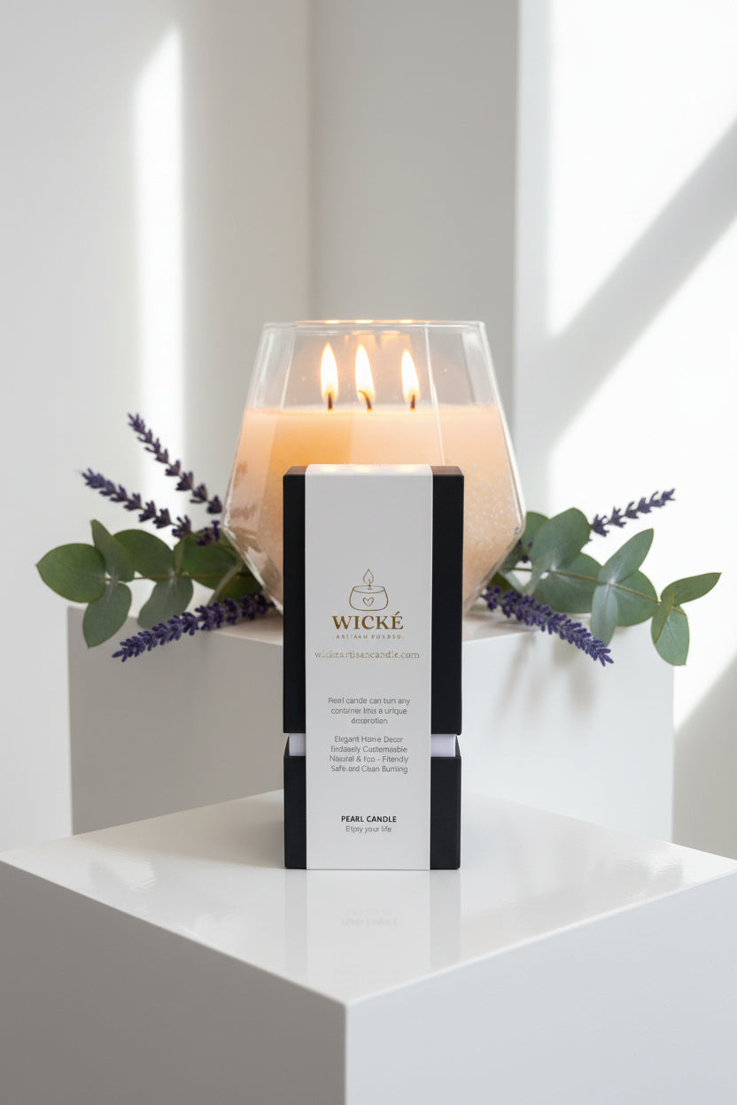 A stark, high-end studio photograph. A single WICKÉ Lavender box is centered on a polished white lacquer pedestal. Behind it, an elegant, sculptural glass vessel is filled with glowing pearl wax and three lit wicks, casting warm, contrasting shadows. Interwoven among the glass and wax are artistically draped, fresh eucalyptus branches and deep purple lavender sprigs. The aesthetic is clean, luxurious, and architectural.