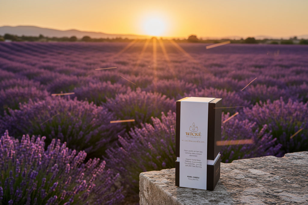 A cinematic wide-angle photograph of a single WICKÉ Lavender Pearl Wax box, positioned at the edge of a vast, glowing lavender field in Provence during the golden hour sunset. The sun is a warm orb on the horizon, backlighting the purple flowers. Soft, out-of-focus light trails cross the scene, suggesting a gentle evening breeze. The lighting is ethereal and highly romantic, creating an irresistible desire for escape and relaxation.