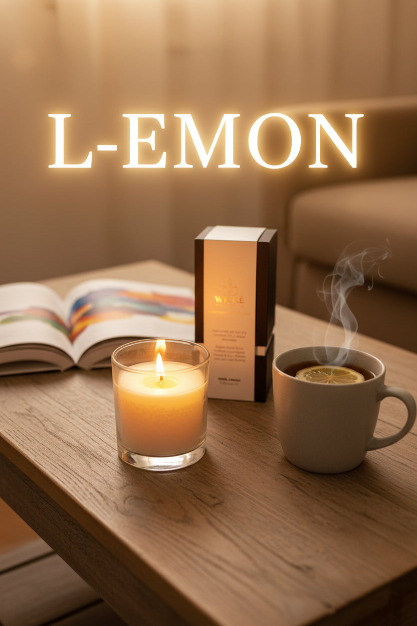 A warm, inviting lifestyle shot. A LEMON pearl candle in a clear glass vessel is brightly burning on a weathered, light oak wood coffee table. Nearby is a steaming ceramic mug of earl grey tea with a lemon slice and an open art book. The LEMON box is centered slightly behind the candle. Large, soft, glowing light is superimposed over the background, forming the letters L-E-M-O-N, suggesting a cozy, uplifting moment of relaxation and mental clarity.