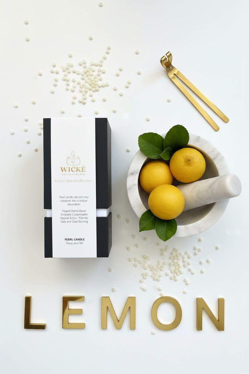 A high-end, minimalistic overhead flat lay. The black LEMON Signature Pearl Wax box is placed next to a polished white marble mortar and pestle filled with whole yellow lemons and green leaves. Loose pearl wax is scattered artfully, alongside a sleek, modern brass wick trimmer. Large, geometric gold letters arranged at the bottom of the frame spell LEMON, emphasizing a clean, contemporary, and sophisticated aesthetic suitable for a high-design kitchen.