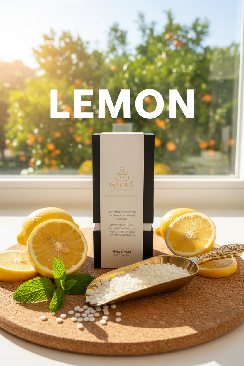 A premium lifestyle product shot featuring the WICKÉ Lemon Pearl Wax box centered on a natural cork mat. Surrounding the box are freshly sliced Sicilian lemons, a sprig of mint, and loose white wax pearls in a polished brass scoop. In the background, out of focus, is a sunlit window looking out onto an orange grove, conveying maximum freshness and natural energy. The word "LEMON" is visible in bold white text over the citrus slices.