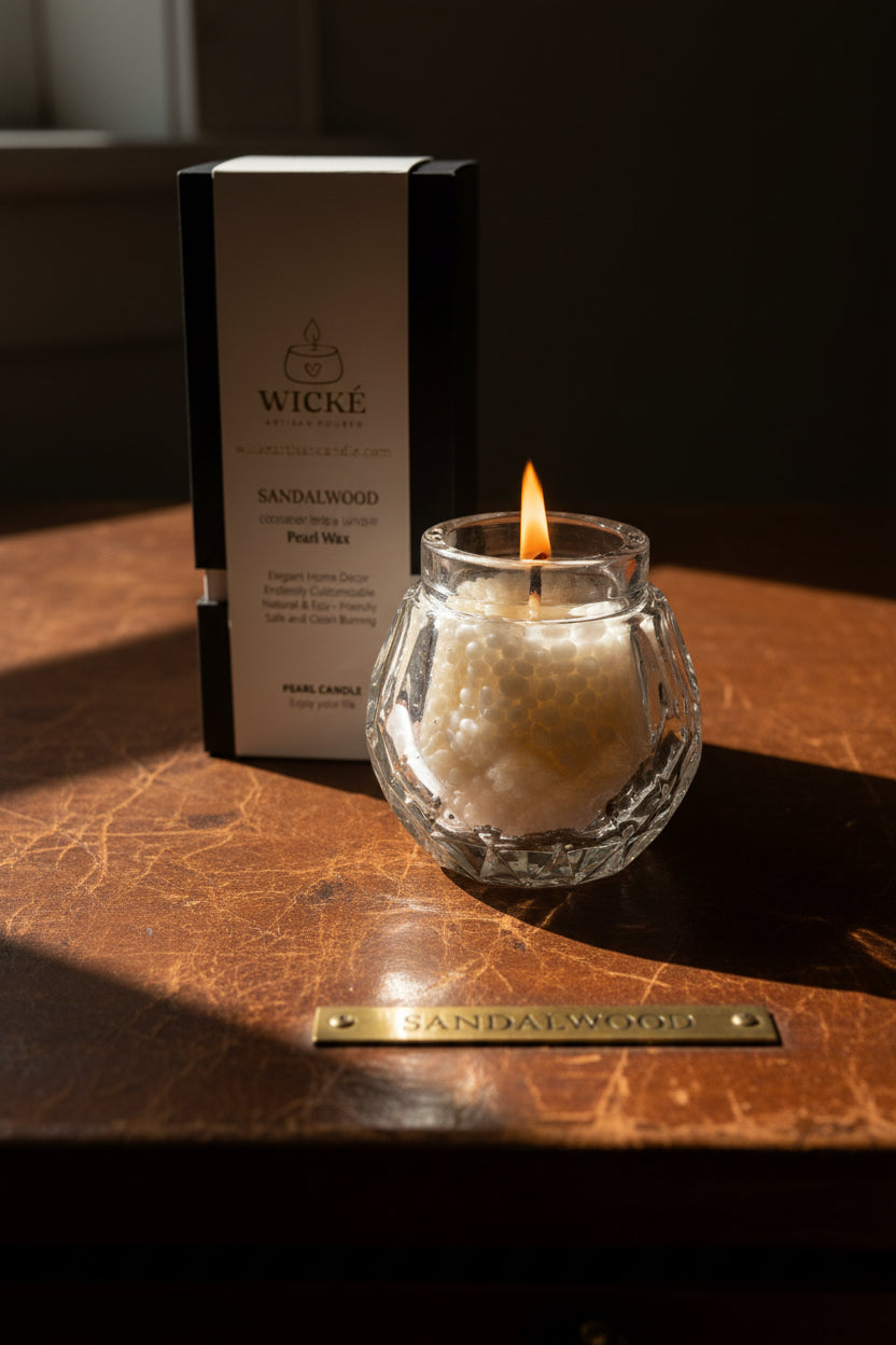 A dramatic, warm-toned close-up composition. An antique, cut-crystal inkwell has been repurposed, now brightly burning with the WICKÉ SANDALWOOD Pearl Wax. The product packaging is tucked slightly behind the vessel. The scene is set on a worn leather writing desk. Sunlight streams from a nearby window, highlighting the texture of the antique glass and the soft glow of the wax. Etched into a brass plate attached to the desk is the word, SANDALWOOD, emphasizing customized, sustainable luxury.