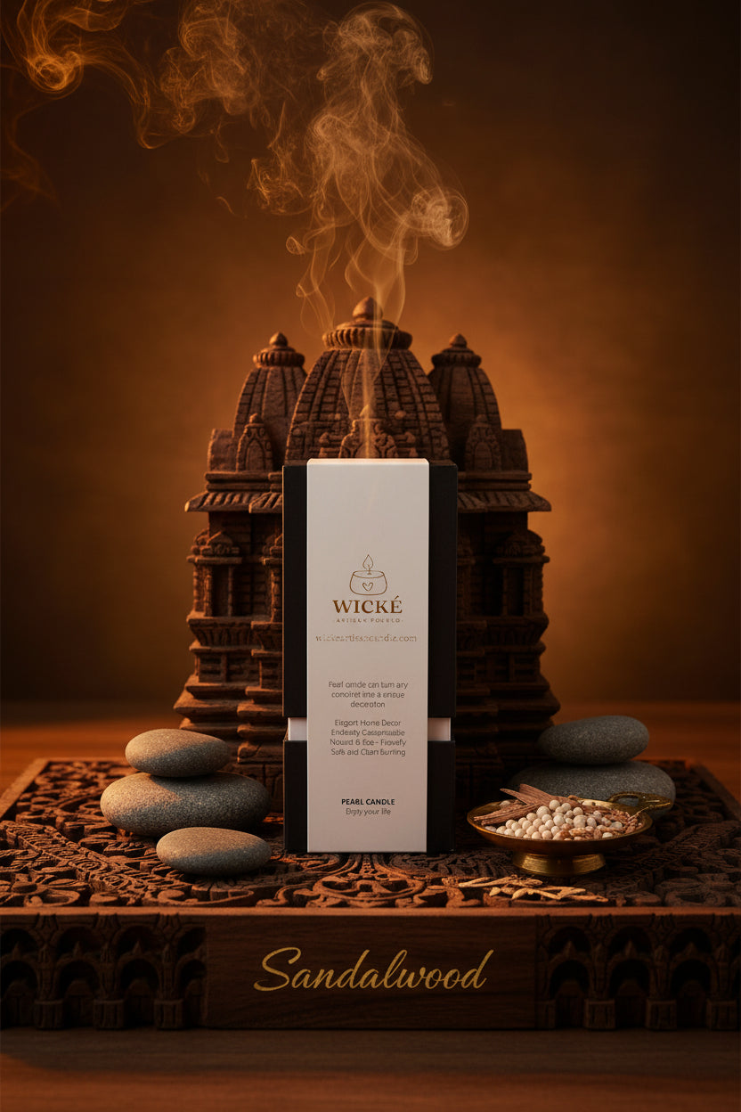 A premium product shot of the WICKÉ Signature Pearl Wax box for SANDALWOOD resting on a polished, dark teak wood carving of a traditional Indian temple facade. Flanking the box are smooth river stones and a brass dish holding loose pearl wax and finely shredded Sandalwood bark. Emerging from behind the set is a plume of rich, fragrant smoke. Below the box, in an elegant gold script etched into the wood, are the words, SANDALWOOD. The lighting is warm and meditative.