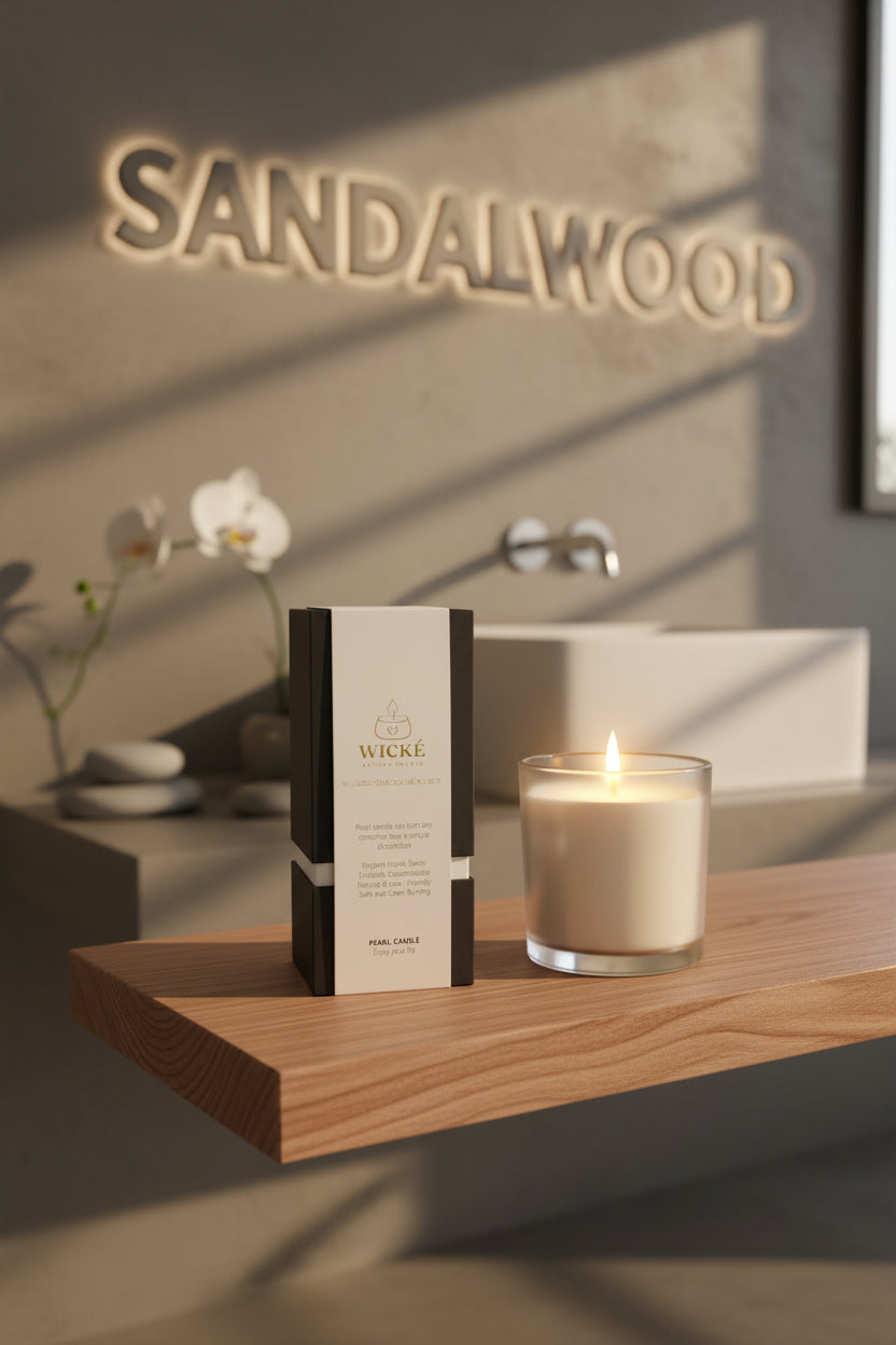 A high-end lifestyle photograph. On a floating shelf made of raw, natural Sandalwood timber, a single WICKÉ SANDALWOOD Pearl Wax box is placed next to a frosted glass vessel filled with glowing wax and a single, brightly lit wick. In the background, out of focus, is a clean, modern spa bathroom with river stones and a single stem of a white orchid. Large, bold, architectural letters spelling SANDALWOOD are softly visible, embossed into the concrete wall behind the shelf, catching the subtle morning light.