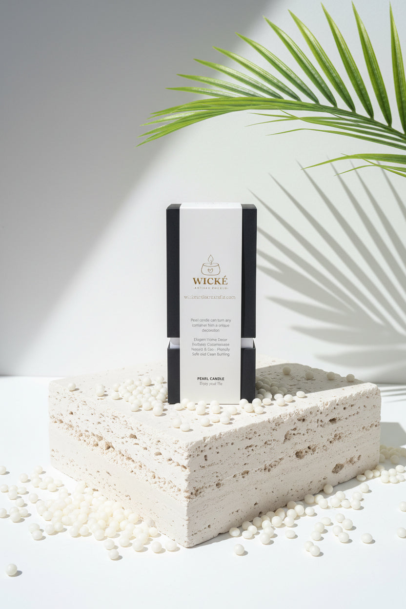 A striking still-life photograph focusing on contrasting textures. The WICKÉ White Musk box is positioned on a rough-hewn block of white travertine stone. Sprinkled around the base are the perfectly smooth, round white wax pearls. A single, stylized green palm leaf cuts across the background, casting a sharp, geometric shadow. The lighting is bright and summery, creating an incredibly eye-catching, modern aesthetic perfect for e-commerce.
