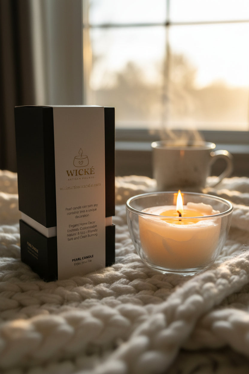 A warm, inviting close-up photograph. A single WICKÉ White Musk box sits on a beautifully textured, chunky knit white cashmere blanket. Next to the product, a burning pearl candle in an elegant glass bowl casts a soft, warm golden glow across the fabric. In the softly blurred background, a steaming ceramic mug rests near a window with morning light filtering through, conveying ultimate warmth, comfort, and sophisticated relaxation.